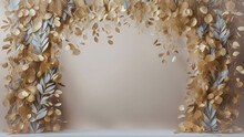 Elegant Light Background With Gold Leaves With Space To Place The Product. Background, Texture, Mockup