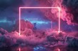 abstract pink and blue neon light frame on stormy clouds background futuristic 3d illustration