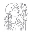 © Yee Suen - vector line art of mother and kid with flowers background