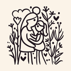 Wall Mural - Vector line art mother and kid with flowers