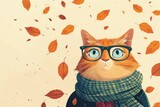 Fototapeta Natura - Autumn Fashion Cat Illustration, Cozy Fall Concept