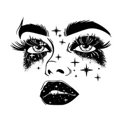 black and white illustration of a mystical face adorned with stars, evoking a celestial and enchanti