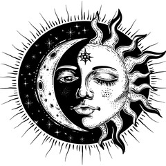 black and white illustration of a sun and moon with human faces, surrounded by stars, depicting a co
