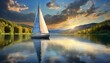 a sailboat on a lake with calm blue water at sunset with beautiful clouds, scenic, landscape
