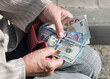 Pink purse, dollar and euro banknotes in the hands of elderly woman.
