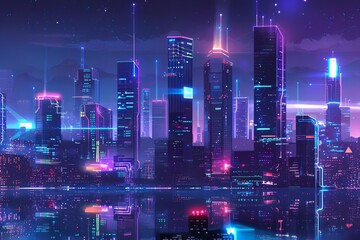 Wall Mural - futuristic city skyline at night with glowing neon lights and holographic elements cyberpunk cityscape concept art digital ilustration