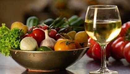 Close-up of a glass of white wine beside a bowl of ripe, mixed vegetables,