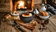  a cozy, warm cabin setting, with hearty, rustic comfort foods like stews and pies,