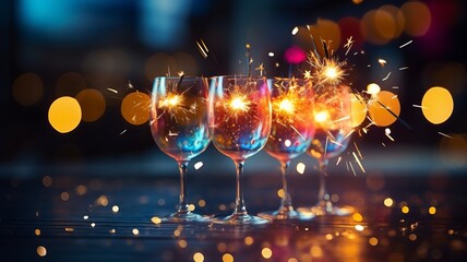 two wine glasses filled with sparklers and lite lights