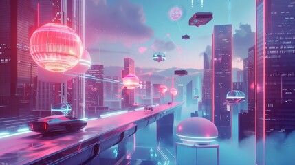 Wall Mural - A futuristic interpretation of a startup scene with Memphis-style flying objects AI generated illustration