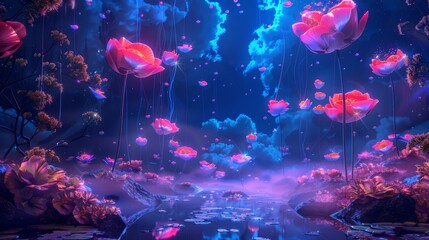 Wall Mural - A psychedelic dream world with floating clouds and neon-colored flowers  AI generated illustration