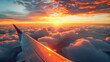 Chasing horizons, an airplane wing glides into the fiery sunset skies.