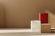 minimal abstract 3d podium mock up with beige red and earthtoned cube boxes on brown wall product display background digital ilustration