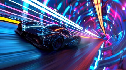 Wall Mural - A supercar speeding through a neon-lit 3d rendered world AI generated illustration