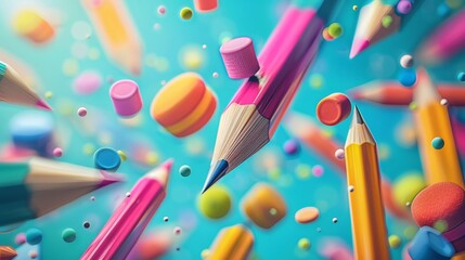 Wall Mural - A surreal 3d art piece of floating pencils and erasers in vibrant colors AI generated illustration