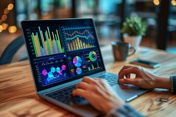Poster - Hands of a person working on a laptop analyzing colorful financial graphs and data analytics displayed on the screen