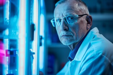 Aufkleber - A senior male scientist conducts research surrounded by scientific equipment and blue lighting