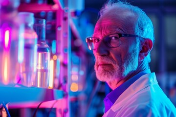 Aufkleber - Close-up of a focused scientist studying samples in a laboratory with vibrant lighting