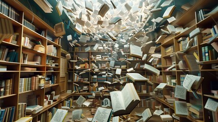 Wall Mural - A whimsical library with flying books and floating bookshelves   AI generated illustration