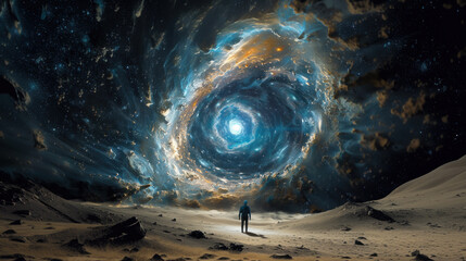 man facing glowing nebula looking like god's eye. psychedelic trip experience