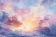 serene watercolor sunset sky with puffy clouds abstract rainbow background