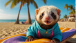 cute funny ferret on the beach holiday