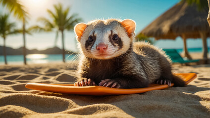 cute funny ferret on the beach vacation