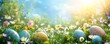 Spring garden background with hidden Easter eggs, clear and plain for text