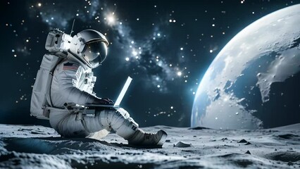 an astronaut sitting on the moon surface and using a laptop. high quality 4k footage