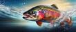Panoramic banner of rainbow trout jumping out of water with splashing fish taking bait