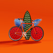 Summer concept background. Bicycle with surf board and palm leaf on vibrant orange background. 3D Rendering, 3D Illustration