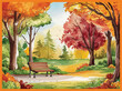 A classic watercolor scene of an autumn park bench  landscape nestled among trees captured in vibrant hues on vector illustration art
