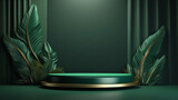 Fototapeta  - A green and gold podium with a dark green background and palm leaves.