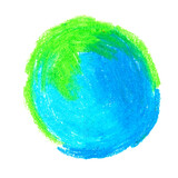 Kula ziemska w stylu dziecięcym,  farba akrylowa. Rozmazany abstrakcyjny kształt ziemi. Wyodrębniona z tła. 