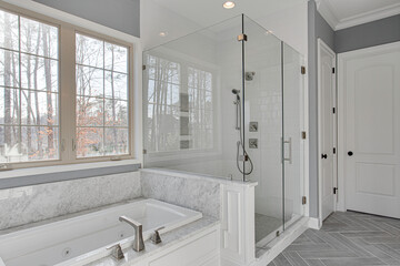 Wall Mural - Chic Modern Bathroom with Large Windows, Soaking Tub with Glass Walk in Shower