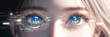A young woman's eyes reflect digital encrypted information reflected by AI technology. Ai digital technology concept.