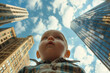 A low angle view of a baby against skyscrapers, the baby looks like a giant 