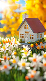 Fototapeta Tulipany - Mini house model on spring grass, real estate investment and financial management concept illustration