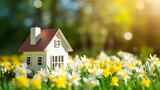 Fototapeta Tulipany - Mini house model on spring grass, real estate investment and financial management concept illustration