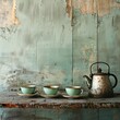 Rustic Reverie: Tea Time Elegance with Kettle and Cups, Embracing Grunge Aesthetics