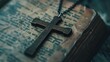 Closeup of simple wooden Christian cross necklace on Bible , vintage tone , god