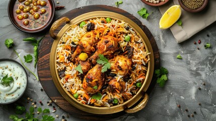 Wall Mural - Chicken dhum biriyani using jeera rice and spices arranged in earthen ware with raitha and lemon pickle on grey background.