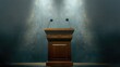 © buraratn - wooden speech podium with three small microphones attached on a dark background spotlit