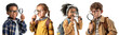 Cute multi ethnic school children using magnifying glasses collection over white transparent background