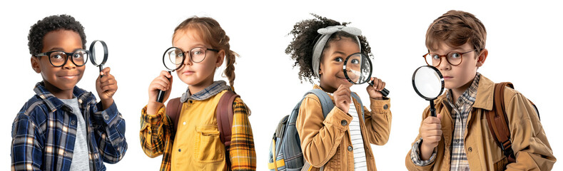 Cute multi ethnic school children using magnifying glasses collection over white transparent background