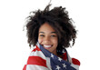 African American woman wrapped in American USA flag over isolated transparent background