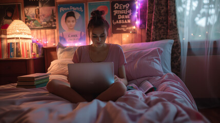 beautiful student working on laptop, taking online class,  beautiful room with fairy lights and poster, education industry 