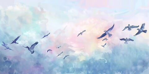 Canvas Print - Watercolor bird migration, spring sky backdrop, pastel banner, flight at dusk, wide scene. 