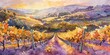 Watercolor banner, fall vineyard, grape hues, golden leaves, sunset glow, wide vista. 