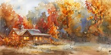 Banner, Cozy Autumn Cabin, Watercolor, Nestled In Changing Leaves, Dusk, Panoramic Serenity. 